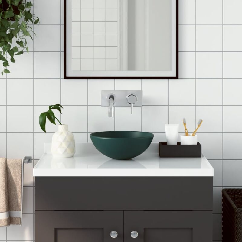 Lavabo de salle de bain Céramique Vert foncé Rond vidaXL