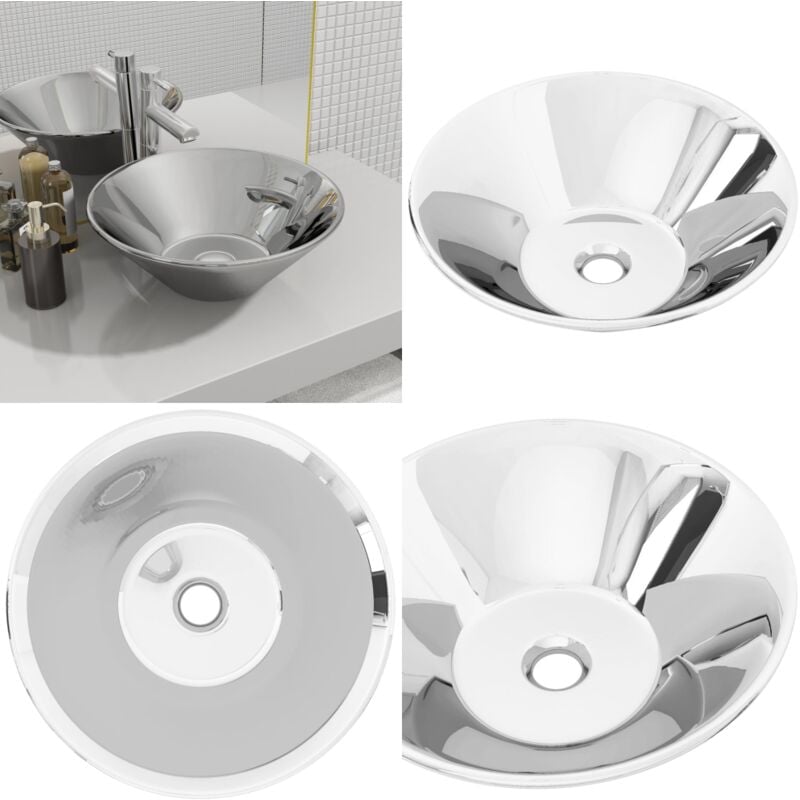 Lavabo 42 x 14 cm Céramique Argenté - Lavabo Rond - Lavabo Céramique - Lavabo Salle De Bain - Lavabo Argenté - Meuble Salle De Bain - Home & Living