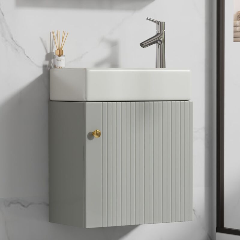 Eifson - Lavabo 46x26x56 cm, avec meuble de rangement, motif en relief, mdf, poignées en métal, suspendu, meuble de salle de bain - Gris