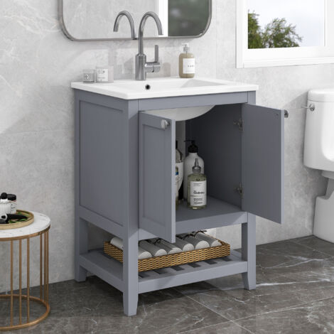 Lavabo 61x46x90 cm, Meuble vasque simple, avec meuble de rangement, Cloison ouverte, MDF, Poignées métal, Meuble lave mains à poser, Meuble de salle de bain - Gris