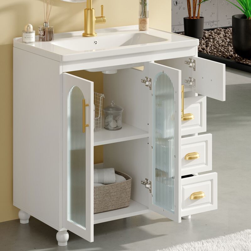 Lavabo 80x47x90 cm, meuble vasque simple, 2 portes vitrées, 4 tiroirs, mdf, poignées métal, meuble lave mains à poser, meuble de salle de bain - Blanc