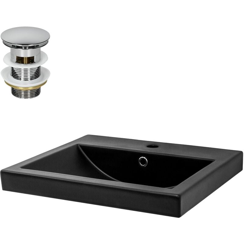 ML-Design Lavabo en Céramique Noir Mat 53,5x46x16,5 cm, Rectangulaire, avec Bouchon de Vidange 1 1/4", Trop-Plein et Trou pour Robinet, Vasque à