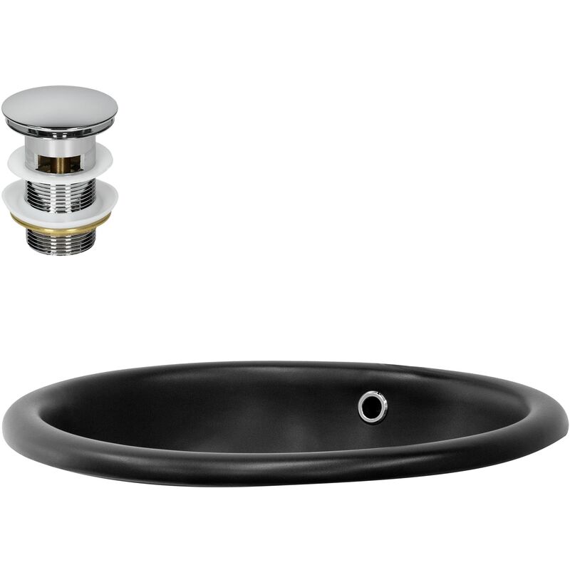 Ml-design - Lavabo en Céramique Noir Mat 49x40,5x19,5 cm avec Garniture de Vidage 1 1/4' Universelle et Trop-Plein, Design Ovale, Vasque à Encastrer