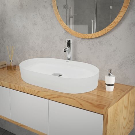 Lavabo +à poser céramique vasque lave-mains salle de bain ovale blanc 605x380 mm