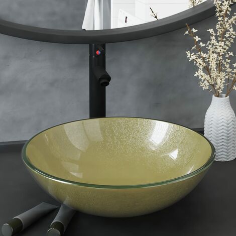 Lavabo à poser de luxe Vasque Lave-Mains Évier de bain avec robinet et drain à poussoir Verre trempé