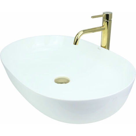 Lavabo à poser GTM Design 60 cm - Lavabo moderne brillant sans trou de robinetterie - Élégant lavabo ovale à poser pour salles de bains et toilettes invités - Lavabos de salle de bains uniquement