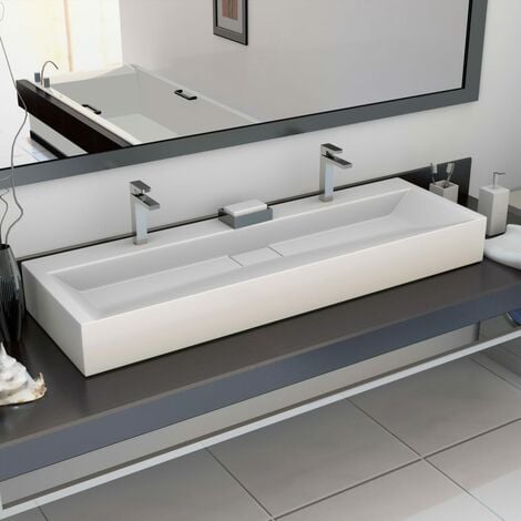Lavabo à poser Lavabo Vasque salle de bain | 120x46x11 cm Fonte minérale/marbre Blanc