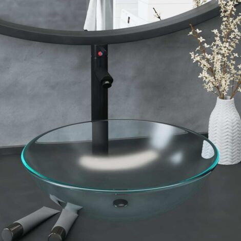 Lavabo à poser  Lavabo Vasque salle de bain  avec robinet et drain à poussoir Verre trempé 75587