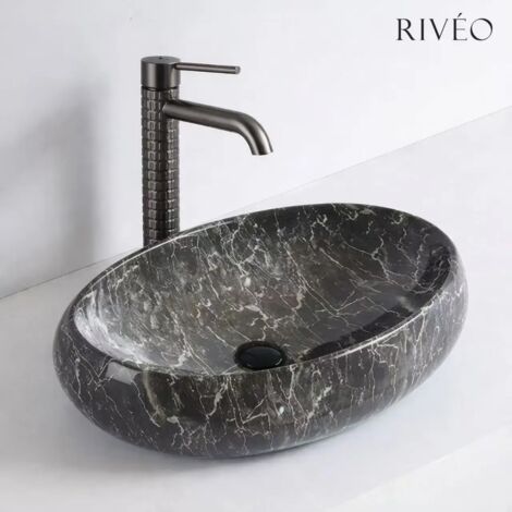 Lavabo à poser ovale 60 x 40 cm effet marbre noir en céramique avec bonde clic-clac noire incluse
