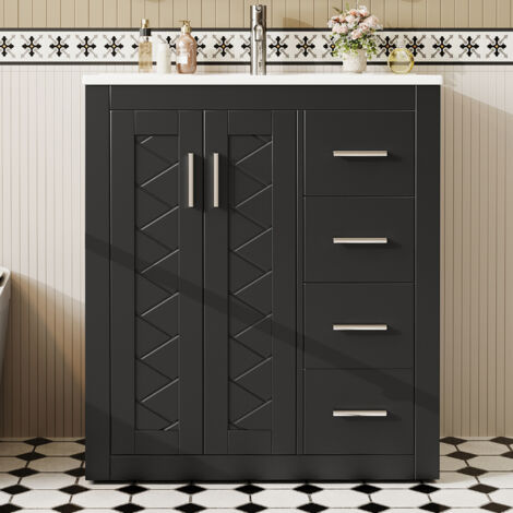 Lavabo autoportant noir 76x46,5x85,5 cm, meuble vasque laqué, 3 tiroirs silencieux + double porte, charnières à fermeture douce, lavabo intégré.