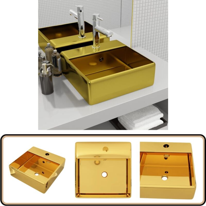 Lavabo avec trop-plein 41 x 41 x 15 cm Céramique Doré - Lavabo Carré - Lavabo Céramique - Lavabo Doré - Lavabo Salle De Bain - Meuble Salle De Bain