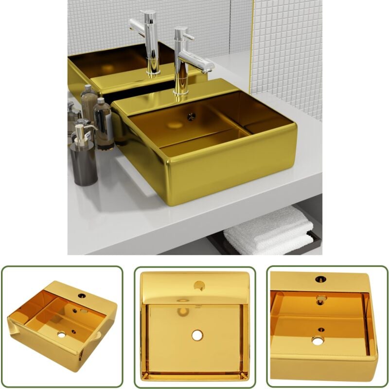 The Living Store Lavabo avec trop-plein 41 x 41 x 15 cm Céramique Doré - Lavabo Carré - Lavabo Céramique - Lavabo Doré - Lavabo Salle De Bain