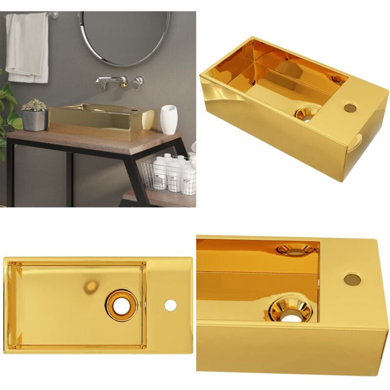 Vidaxl - Lavabo avec trop-plein 49 x 25 x 15 cm Céramique Doré - Lavabo Carré - Lavabo Céramique - Lavabo Doré - Lavabo Salle De Bain - Meuble Salle