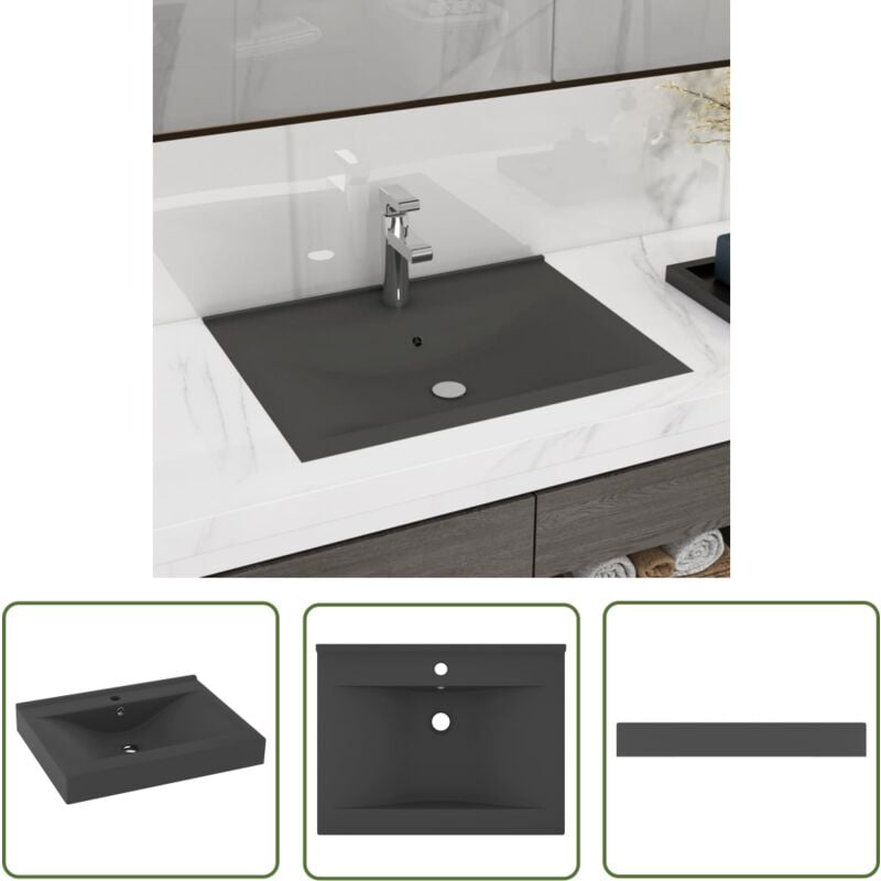 Doc&et² - The Living Store Lavabo avec trou de robinet Gris foncé mat 60x46 cm Céramique - Lavabo Rectangle - Lavabo Céramique - Lavabo Gris - Lavabo