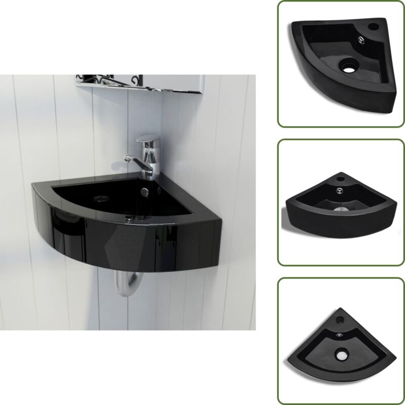 Lavabo avec trou de trop-plein 45x32x12,5 cm Noir - Lavabo Salle De Bain - Lavabo Angle - Lavabo Noir - Lavabo Céramique - Meuble Salle De Bain