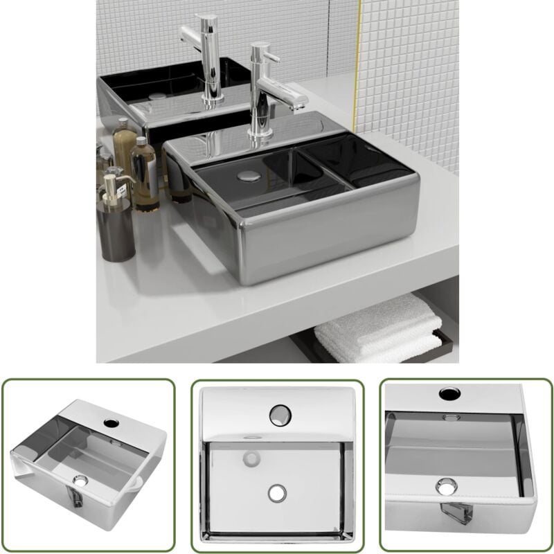 Hommoo - The Living Store Lavabo avec trou pour robinet 38x30x11,5 cm Céramique Argenté - Lavabo Céramique - Lavabo Salle De Bain - Lavabo Argenté