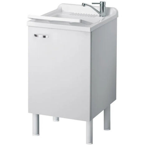 Lavabo blanco con mueble, lavabo de 60x50 cm en laminado hidrófugo con cuba de polipropileno y tiradores cromados – para interior – Negrari