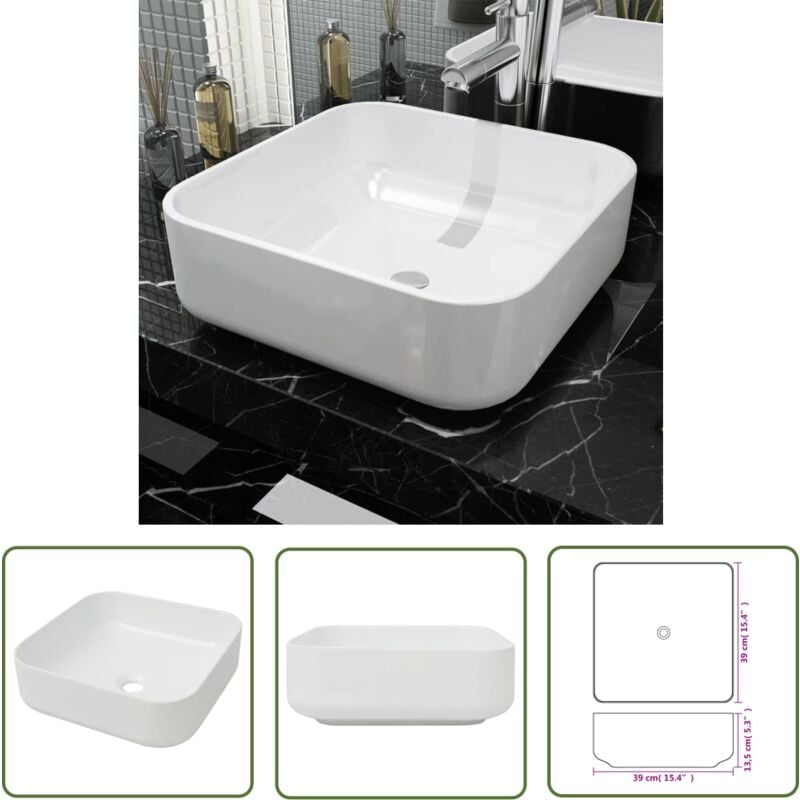 Soekavia - The Living Store Lavabo carré Céramique Blanc 39x39x13,5 cm - Lavabo Carre - Lavabo Céramique - Lavabo Blanc - Meuble Salle De Bain