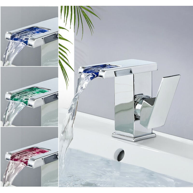 Suguword - Lavabo Cascade led Robinet Salle de Bain Monocommande Robinet Lavabo en Laiton Robinetterie Robinet Vasque avec Eau Chaude et Froide Chromé