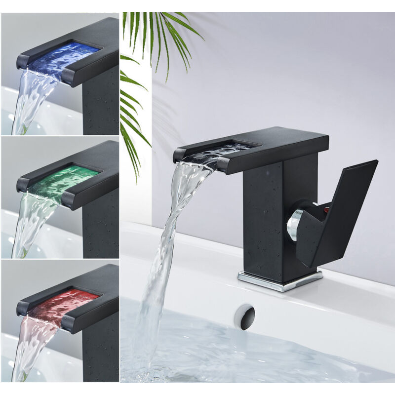 Suguword - Lavabo Cascade led Robinet Salle de Bain Monocommande Robinet Lavabo en Laiton Robinetterie Robinet Vasque avec Eau Chaude et Froide Noir