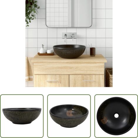Lavabo cerámico -  Lavabo sobre encimera redondo cerámica negro Φ41x14 cm