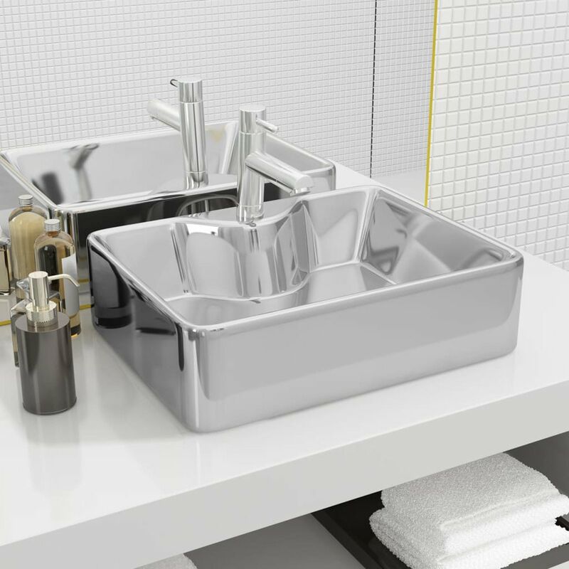

Lavabo con orificio para grifo 48x37x13,5 cm ceramica plateado