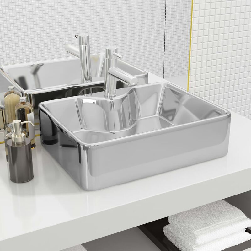 

Lavabo con orificio para grifo 48x37x13,5 cm cerámica plateado - Plateado