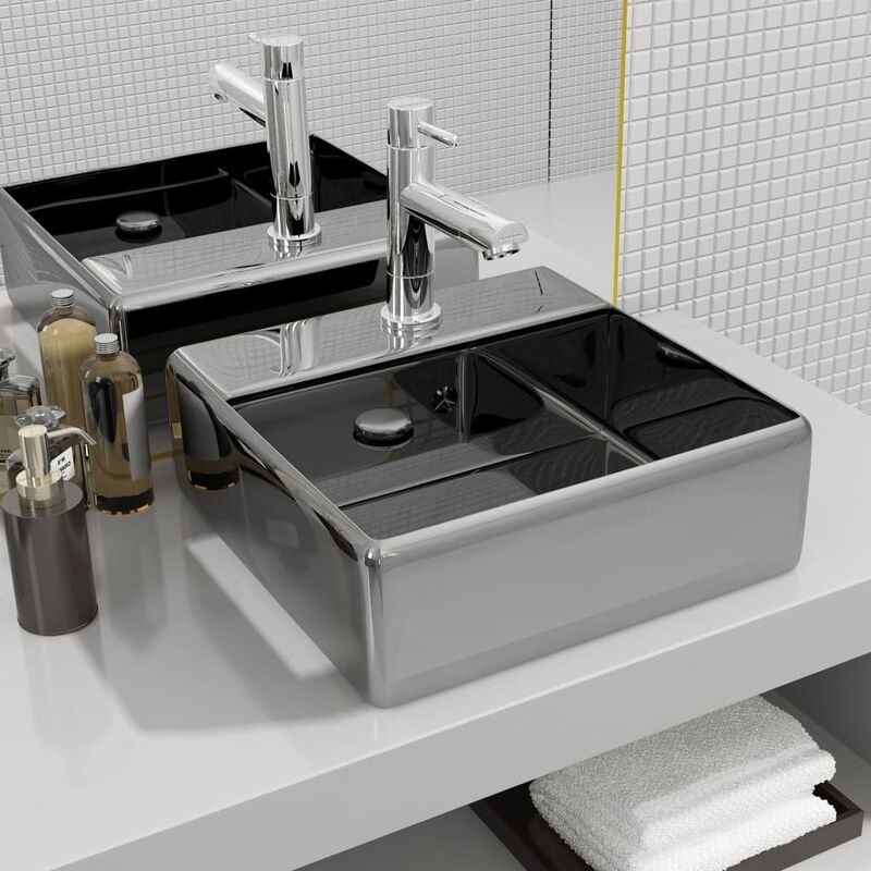 

Lavabo con rebosadero 41x41x15 cm cerámica plateado - Plateado