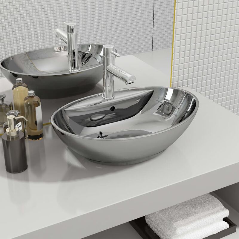 

Lavabo con rebosadero 58,5x39x21 cm cerámica plateado - Plateado