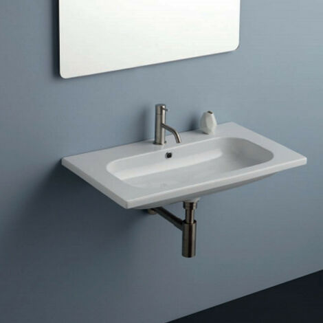 Lavabo Consolle 75x45xh15 cm Installazione a Incasso o Sospeso  In Ceramica - Bianco Lucido