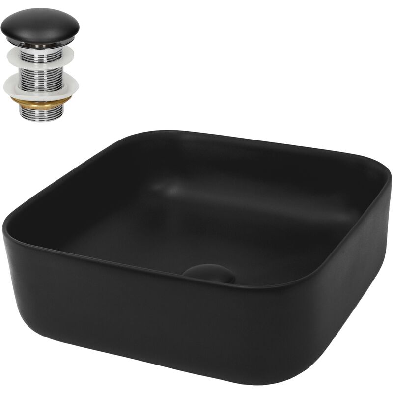 Ml-design - Lavabo en Céramique Noir Mat, 39,5x39,5x14 cm, Vasque à Poser Carré, Moderne, Cuvette avec Bouchon de Vidange sans Trop-Plein Inclus,