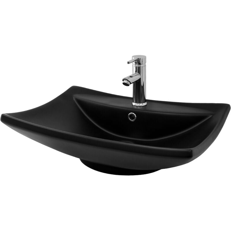 ML-Design Lavabo en Céramique Noir Mat, 61x45,5x18,5 cm, Vasque à Poser Trapézoïdal, Moderne, Cuvette avec Bouchon de Vidange avec Trop-Plein,