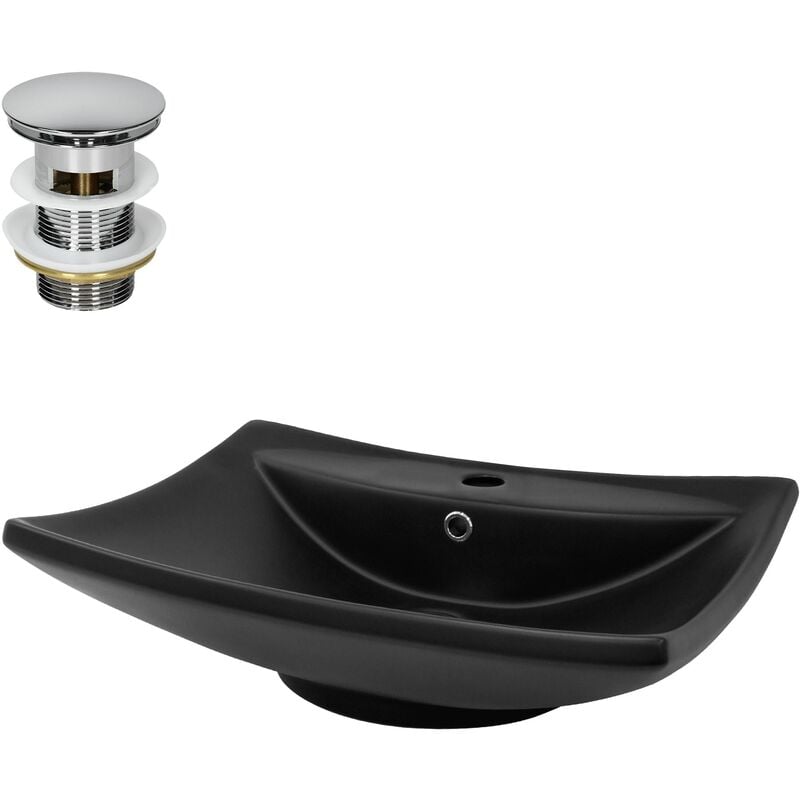 Lavabo en Céramique, Noir, 61x45,5x18,5 cm, Forme Carré, Garniture de Vidage Argent, Vasque á Poser, Design Moderne, Lavabo à Main, Lavabo de