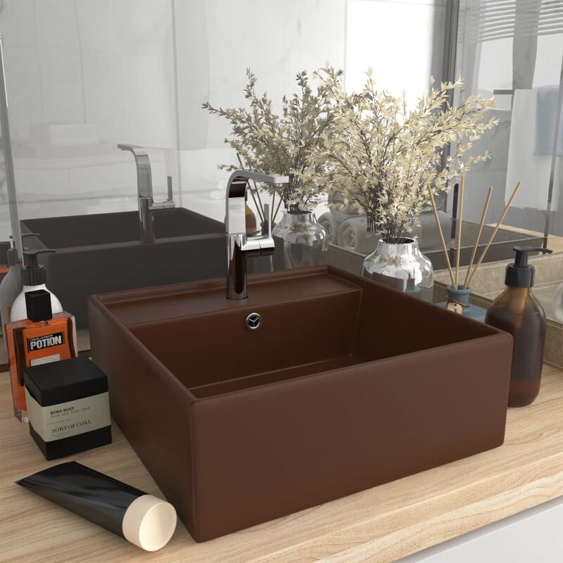 

Lavabo cuadrado rebosadero cerámica marrón oscuro mate 41x41 cm