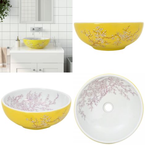 Lavabo da Appoggio Bianco e Giallo Rotondo Φ41x14 cm Ceramica - Lavabo da bagno - Lavabo ceramico