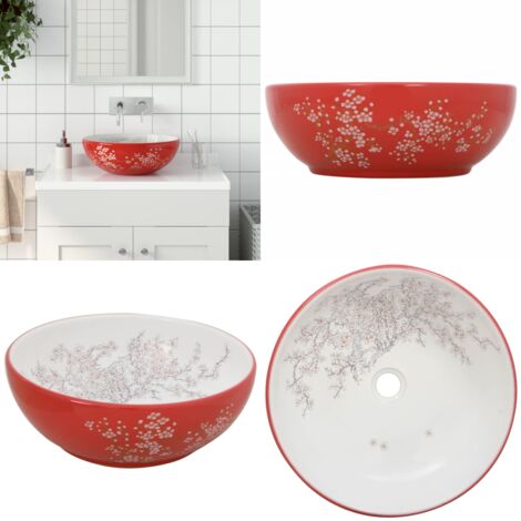 Lavabo da Appoggio Bianco e Rosso Rotondo Φ41x14 cm Ceramica - Lavabo da bagno - Lavabo ceramico
