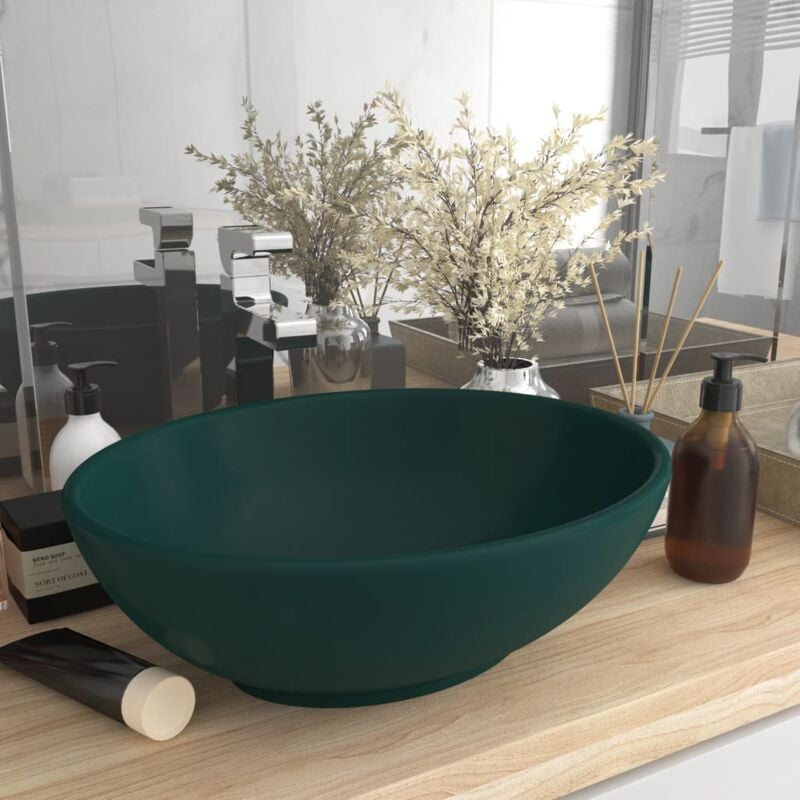 Bonnevie - Lavabo da appoggio - Lavandino Bagno Lusso Ovale Verde Scuro Opaco 40x33 cm in Ceramica BV644700