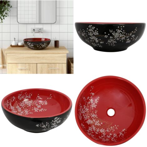 Lavabo da Appoggio Nero e Rosso Rotondo Φ41x14 cm Ceramica - Lavabo ceramica rotondo - Lavabo da bagno nero e rosso