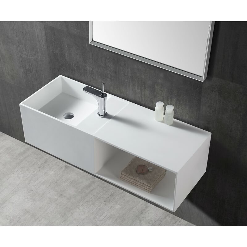 Lavabo a parete TWG36 in solid stone - 110 x 40 x 30 cm - bianco opaco - con ripiano a destra