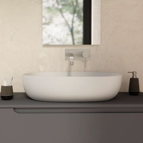 Lavabo da Appoggio Ovale con Bordo Slim 61x41x13,5 cm Bianco Opaco