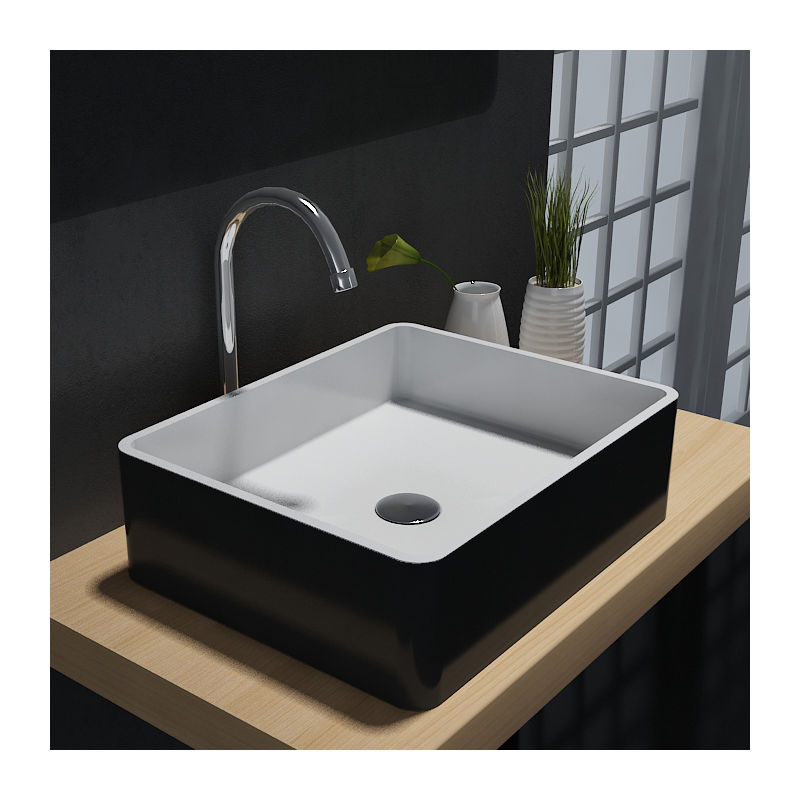 Lavabo da appoggio PB2012B in pietra solida (Solid Stone) – 60 x 40 x15 cm – colore selezionabilesenza coperchio supplementare, Nero / Bianco