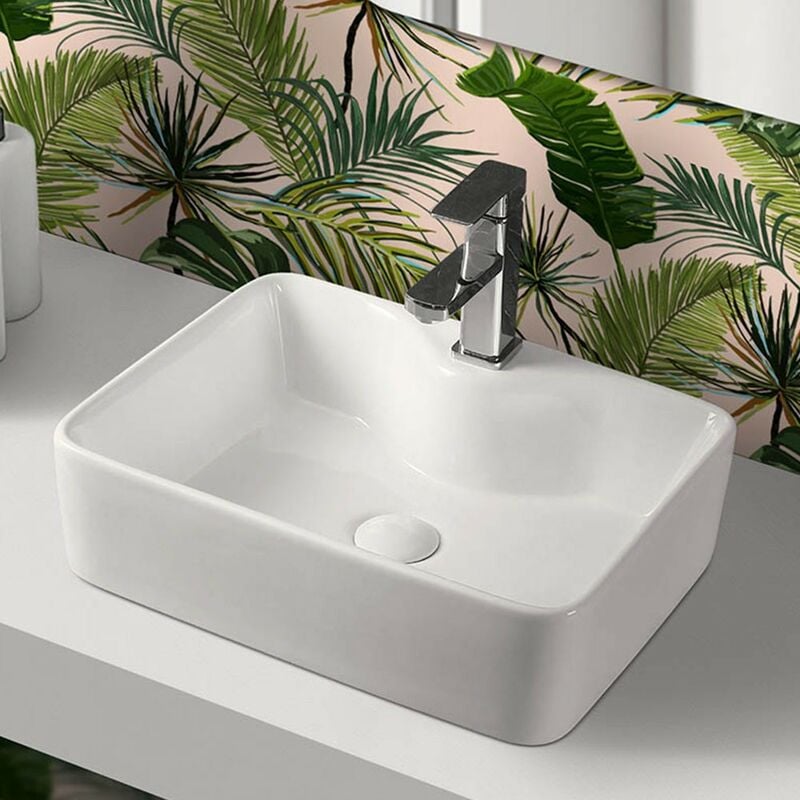 Inbagno - Lavabo da appoggio rettangolare 48x37 cm in ceramica bianco lucido