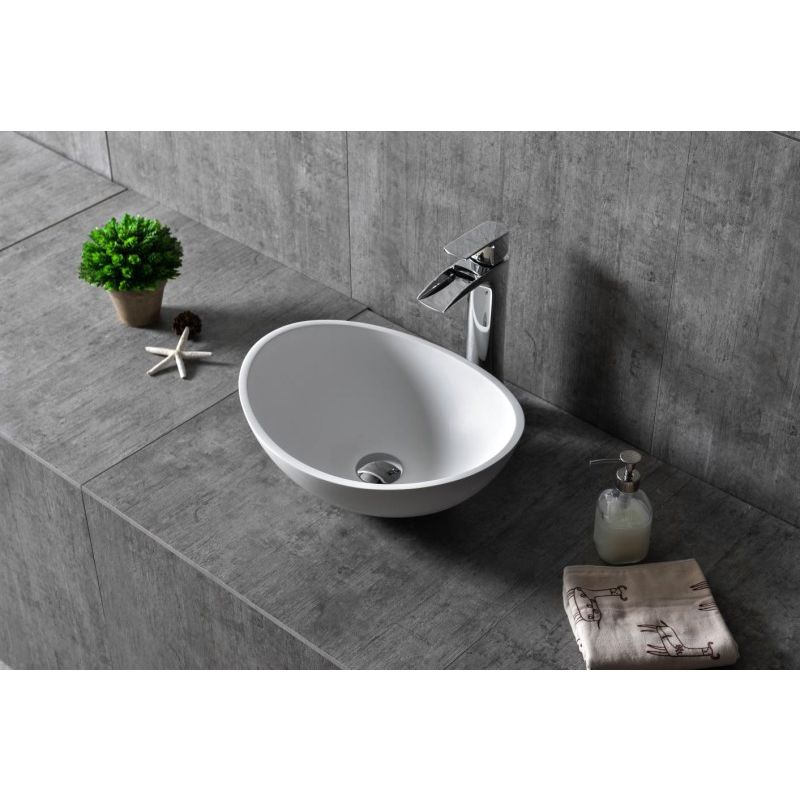 Lavabo da appoggio TWA29 di colata minerale (Pure Acrylic) - bianco opaco- 42x34x15cm Con piletta Pop-up, con coperchio supplementare bianco