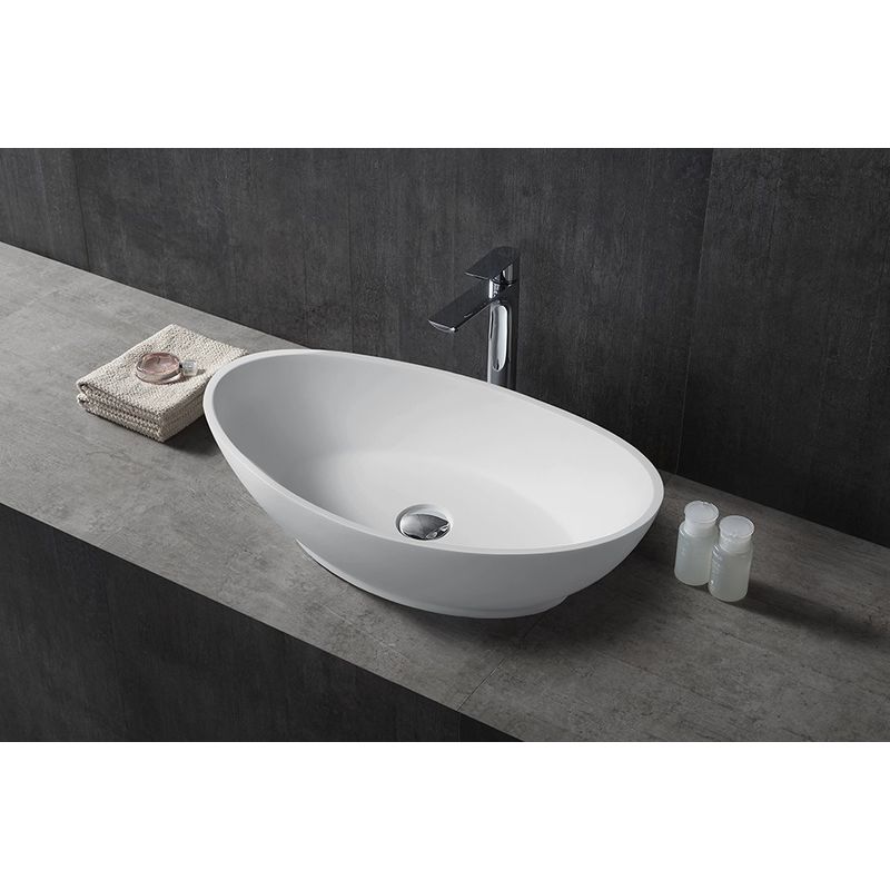 Lavabo da appoggio TWA63 di pietra solida (Solid Stone) - bianco opaco - 62,5x34,5x17,5cm Con piletta Pop-up, con coperchio supplementare bianco