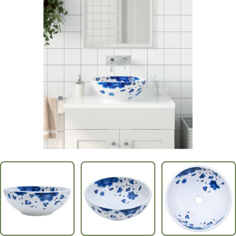 Lavabo da bagno -  Lavabo da Appoggio Bianco e Blu Rotondo Φ41x14 cm Ceramica