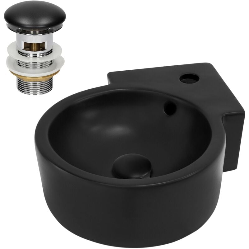 Ml-design - Lavabo d'angle en Céramique Noir, 45 x 36 x 13 cm, Rond, avec Bouchon de Vidage Trop-Plein et Trou pour Robinet, Montage Mural ou à