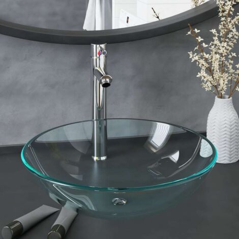 Lavabo de bain avec robinet et drain à poussoir-Vasque Verre trempé 957204