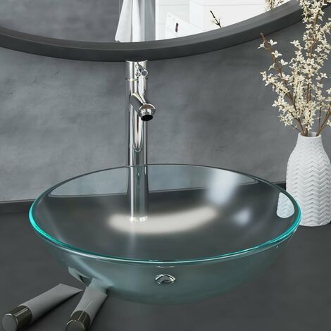 Lavabo de bain avec robinet et drain à poussoir Verre trempé 12