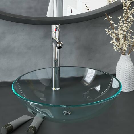 Lavabo de bain avec robinet et drain à poussoir Verre trempé 20
