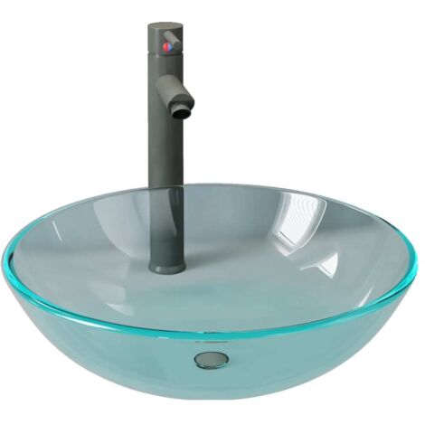 Lavabo de bain avec robinet et drain à poussoir Verre trempé CFW409892